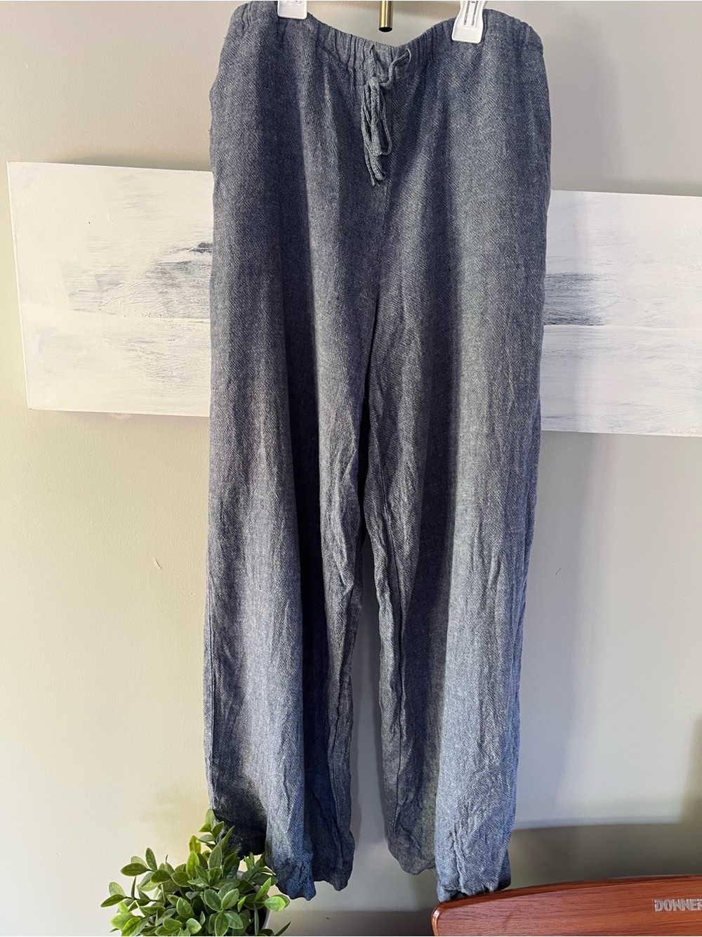 Blue Wide-Legged Linen-Blend Drawstring Pants